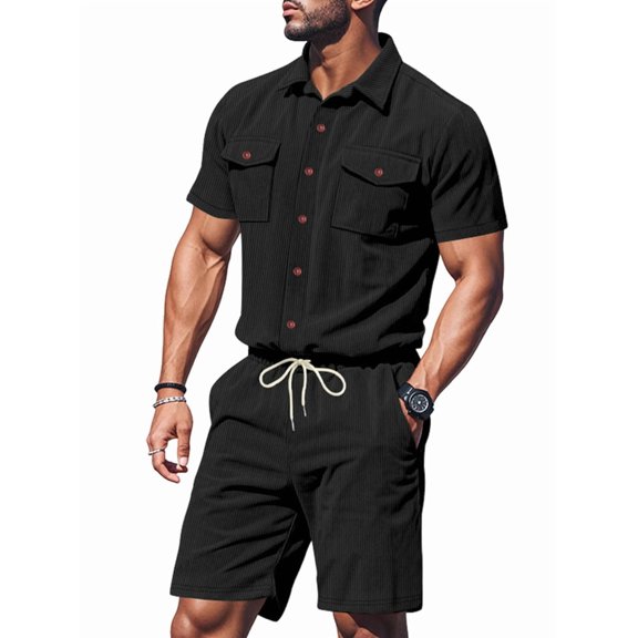 Men's Short Sleeve Sets Shirts Set 2 Piece Shirt Outfit Black S