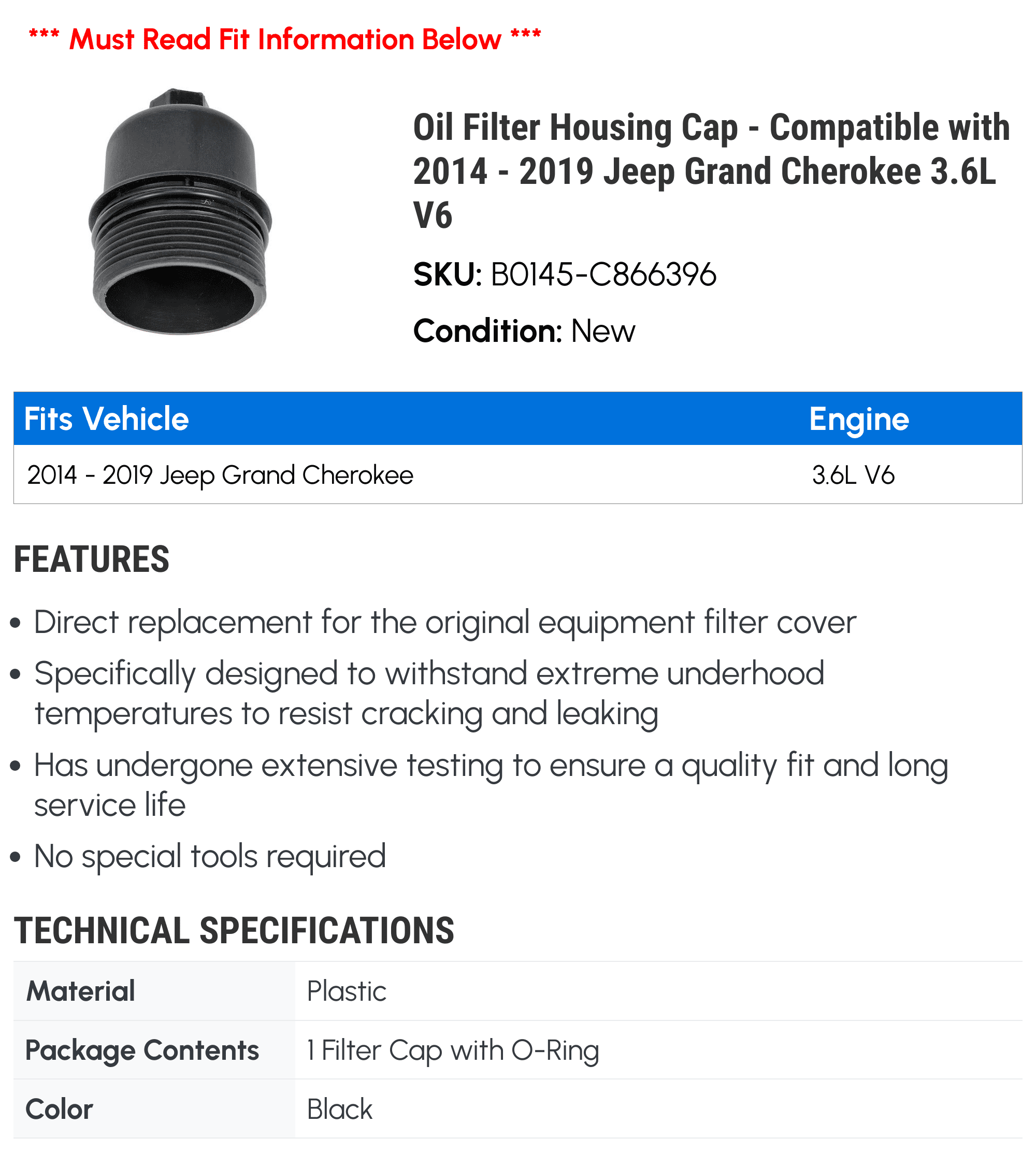 Oil Filter Housing Cap - Compatible with 2014 - 2019 Jeep Grand Cherokee 3.6L V6 2015 2016 2017 2018