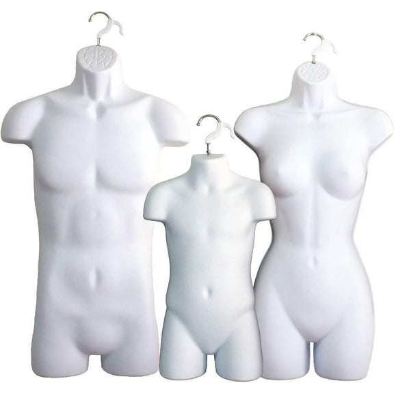 3 White Mannequin Forms - Male Female & Child Torso Set & Hanging Hook, S-M Sizes