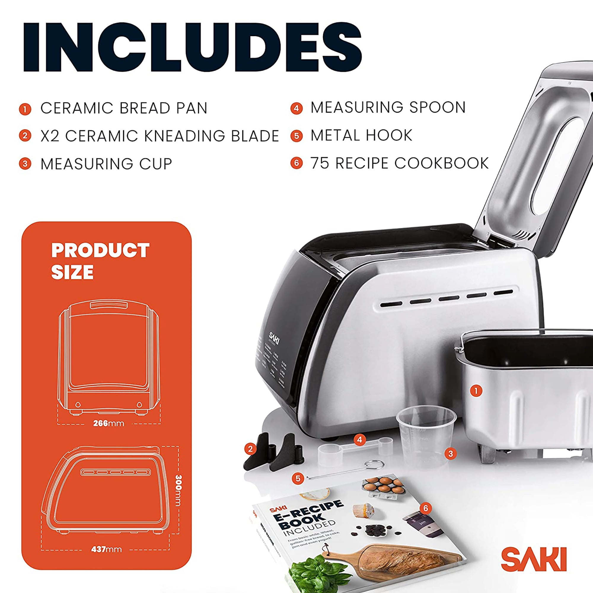SAKI 3.3 LB Large Bread Maker Machine, 12-in-1 Programmable XL Bread Maker, with Nonstick Ceramic Pan & Large Digital Touch Panel, 3 Loaf Sizes with 3 Crust Colors, Keep Warm Mode