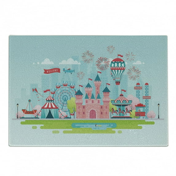 Ferris Wheel Cutting Board, Childish Amusement Park Cartoon with Castle Circus Tent Balloon Ride, Decorative Tempered Glass Cutting and Serving Board, in 3 Sizes, by Ambesonne