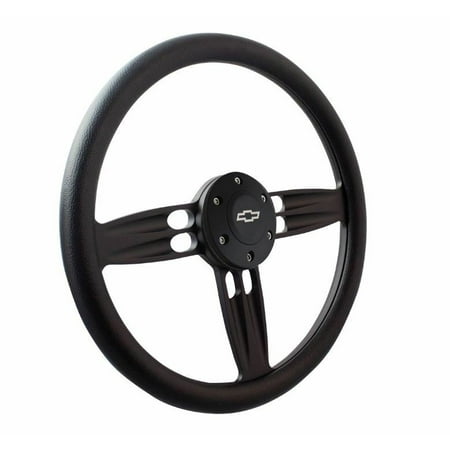 - 14 Inch Matte Black Double Barrel Black 1/2 Wrap Chevy Horn Button 6-Hole Wheel