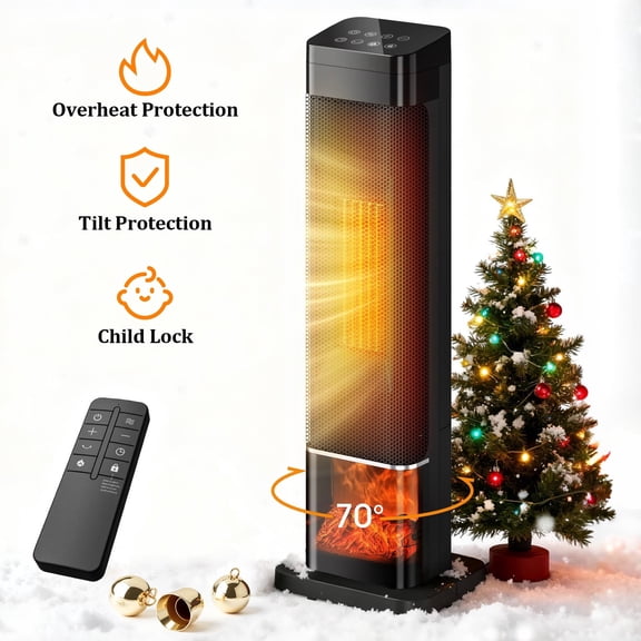 UrbanSync 25" 1500W Tower Space Heater , LED Display, 3-Color 3D Flame, Tower Heater with 70 °Oscillation, 4 Modes & 24H-Timer, Remote Control for Living Room, Office, Bathroom