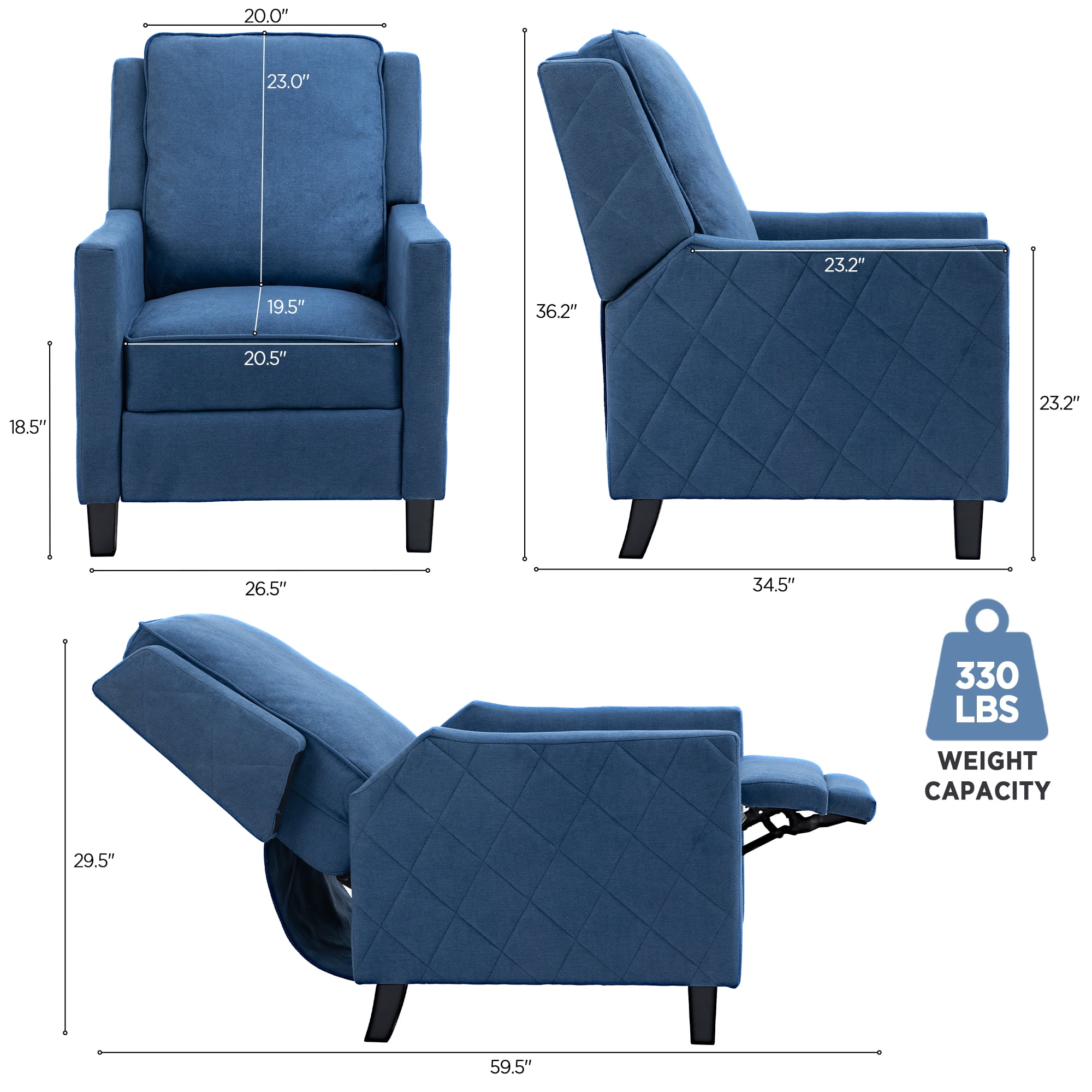 AVAWING Push Back Recliner Chair, Blue Wing Back, Fabrics, Mid-Century Accent, Living Room