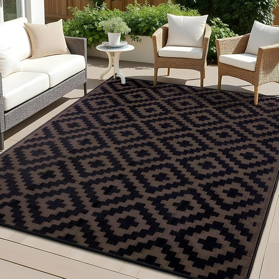 Waterproof outdoor rug, outdoor plastic straw rug for camping, RV outdoor mat, indoor and outdoor rug for porch, patio, backyard, balcony, picnic, black and white