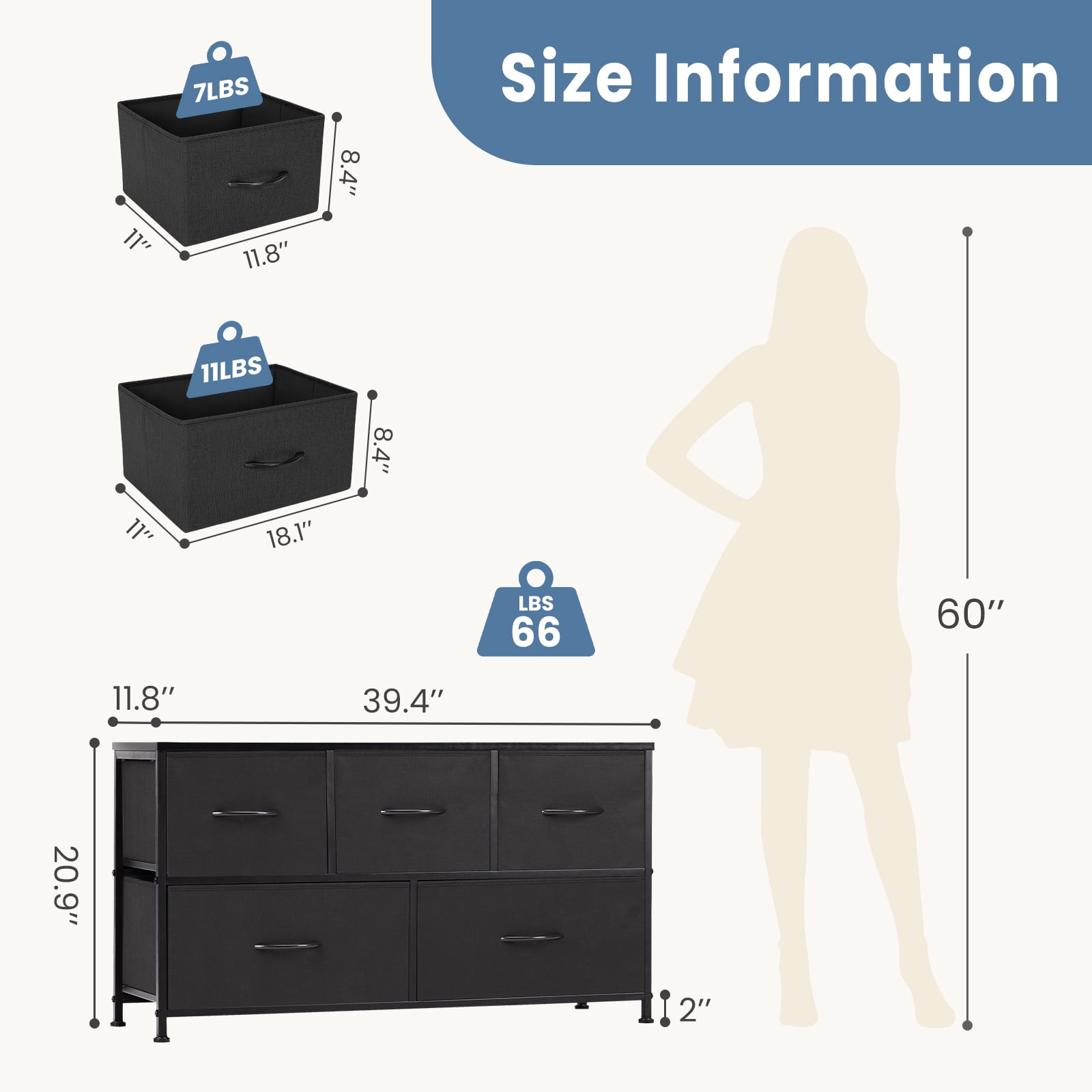 CONCETTA Dresser 5 Fabric Storage Drawer Dresser, TV Stand, Chest of Drawers for Bedroom, Closet, Entryway, Living Room, Black