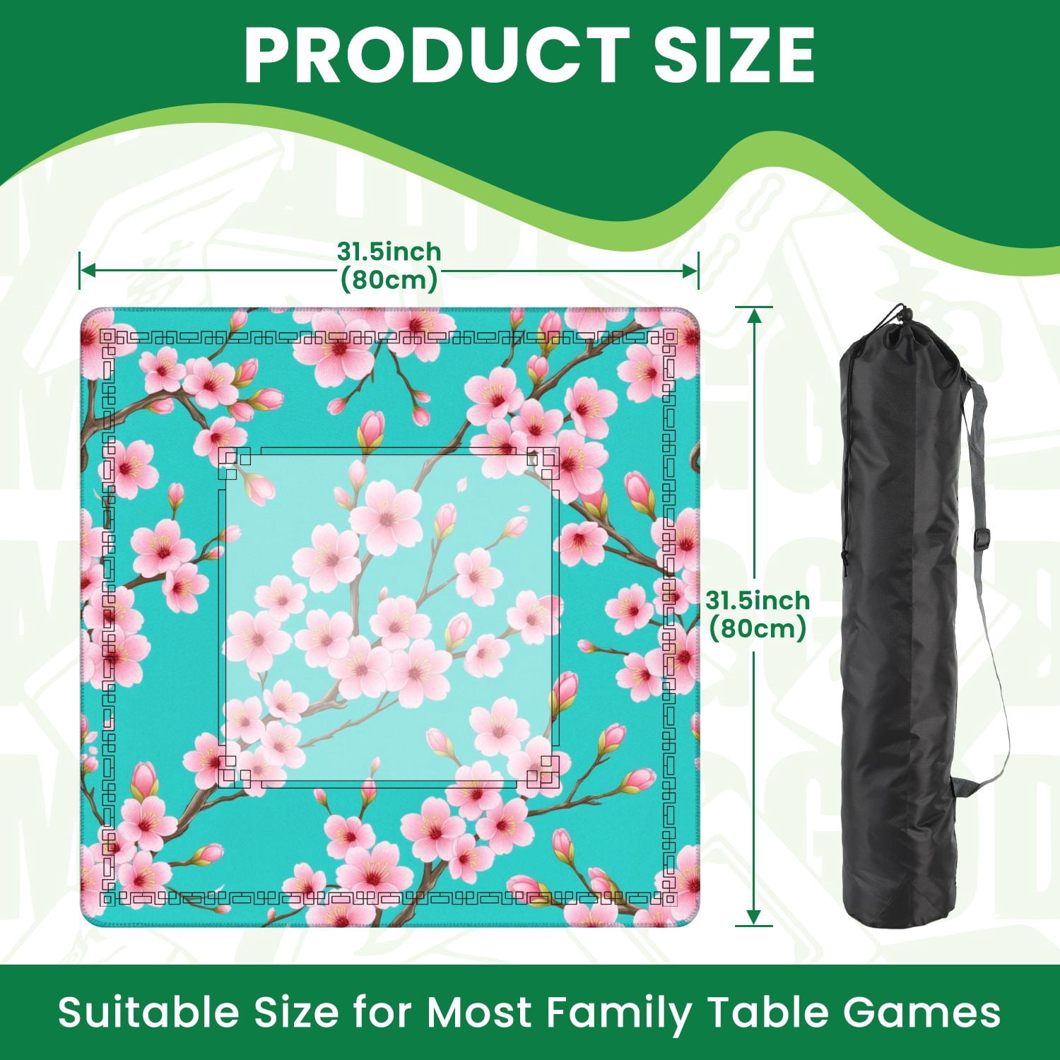 Mahjong Mat 31.5" x 31.5" Seamless Pink Cherry Blossoms Turquoise Non-Slip Noise Reduction American Mahjong Tiles Table Cover for Dominoes Poker Card Board Games Gift