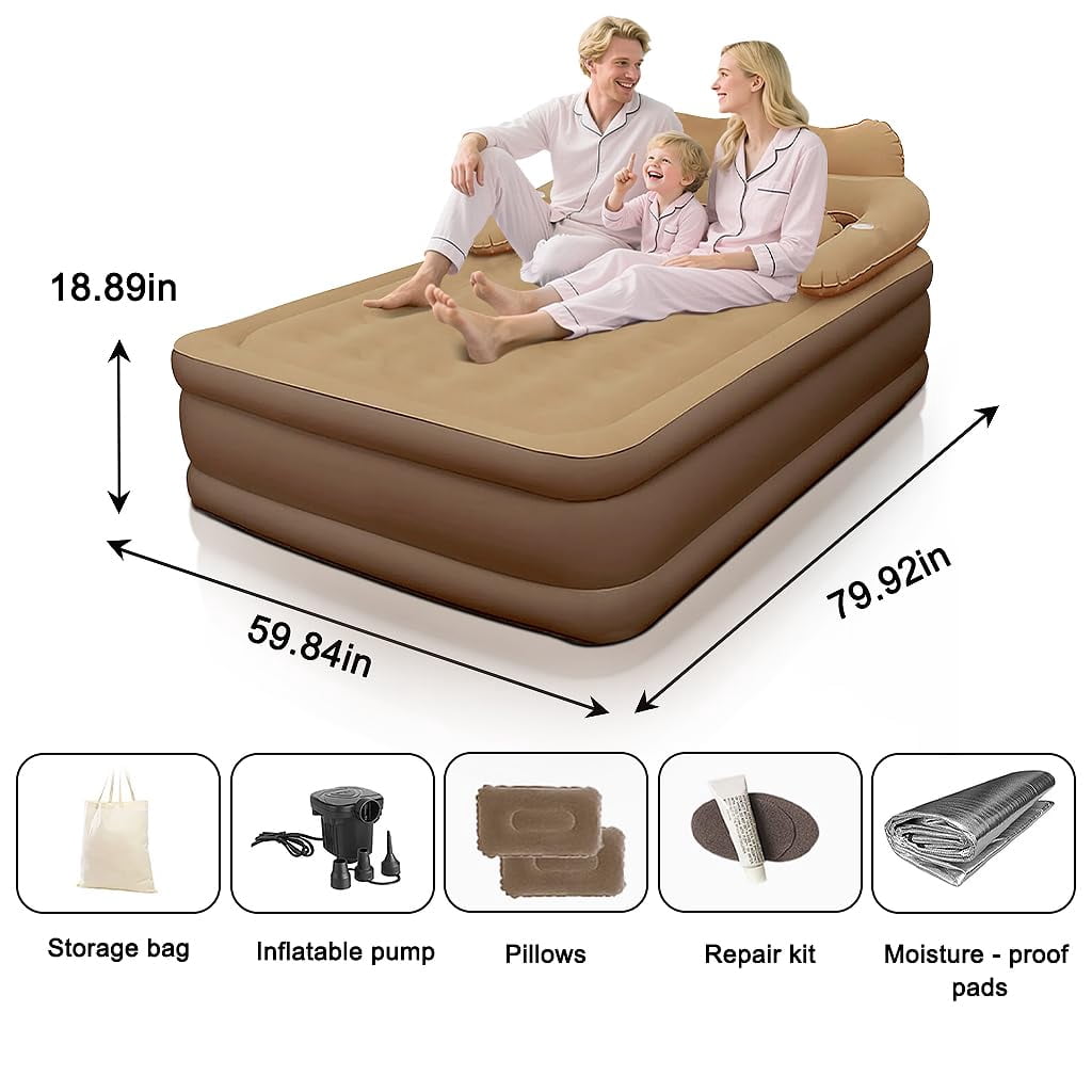 XunKA Air Mattress Queen with Built-in Pump and Headboard，Inflatable Portable Mattress for Home, Camping & Guests,Brown.