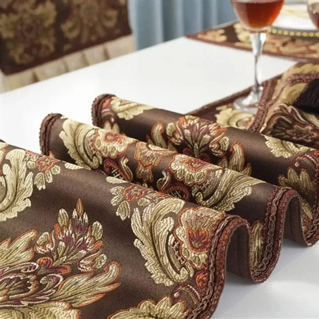 CHUNTIAN French Country Luxury Floral Pattern Table Runner with Beads Tassels Kitchen Decor Silk Blend Tea Table Table Runners (Beige,13" W x 89" L)