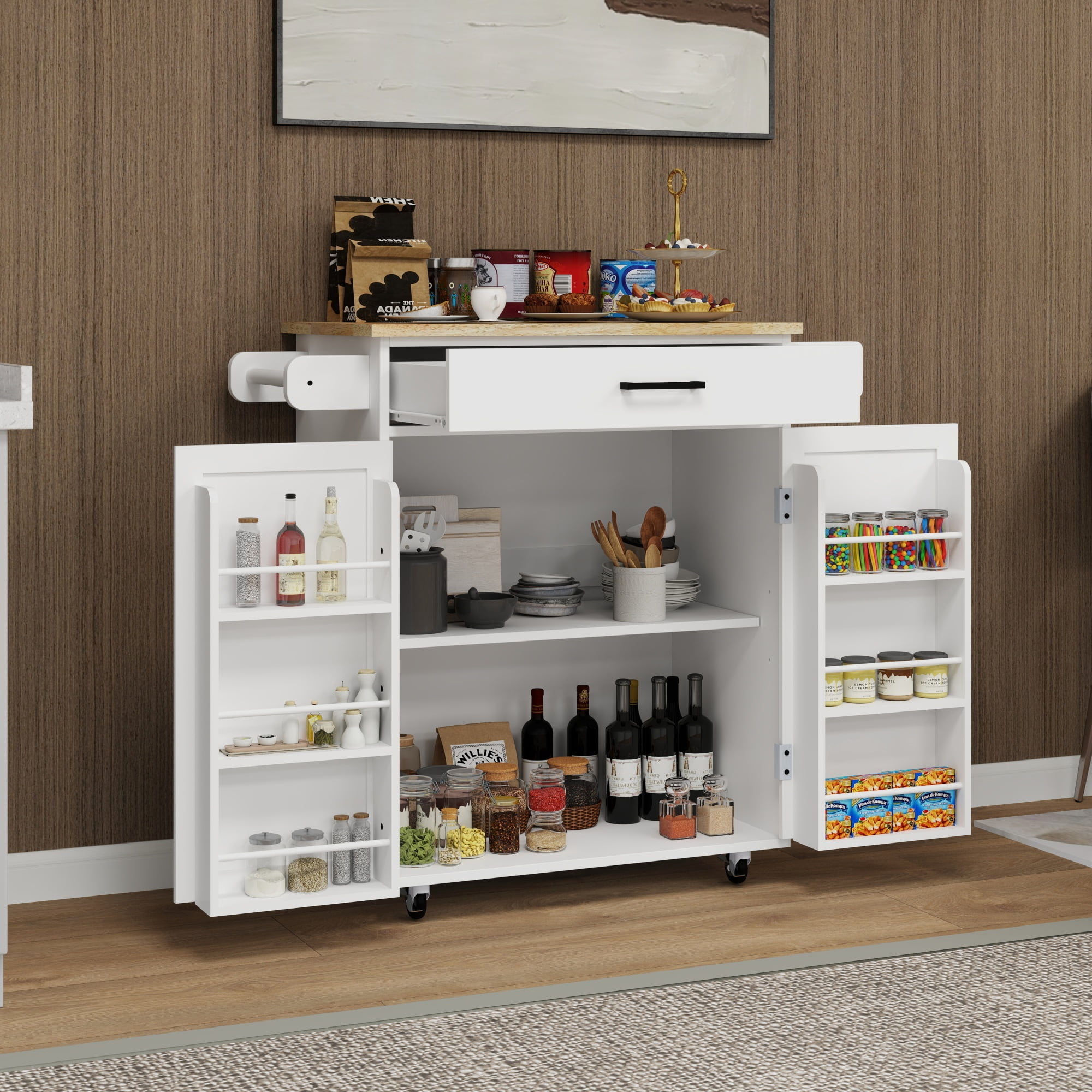 Jopath Sland Table,Kitchen Island Cart With Storage, Rolling Side Table, Large Worktop, Cabinet, Towel Rack, Drawers For Kitchen Dining Living Room Whit
