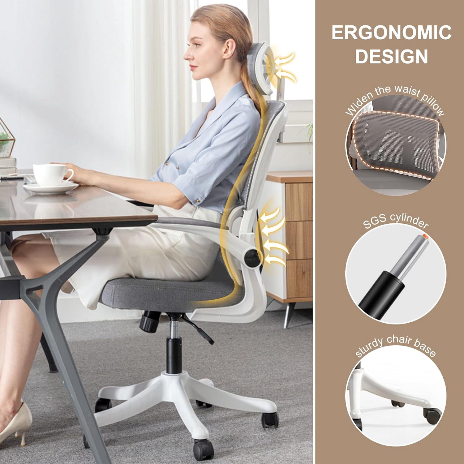 WXJHL Ergonomic Office Chair Comfort Home Desk Chair Adjustable High Back Mesh Chair Lumbar Support Computer Chair with Flip-up Arms for Work, Study, Gaming,White Mesdh Chair（Grey）