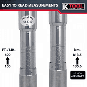 K Tool 72175 Ratcheting Torque Wrench, 100-600 ft/lbs, Click Style, Case Included