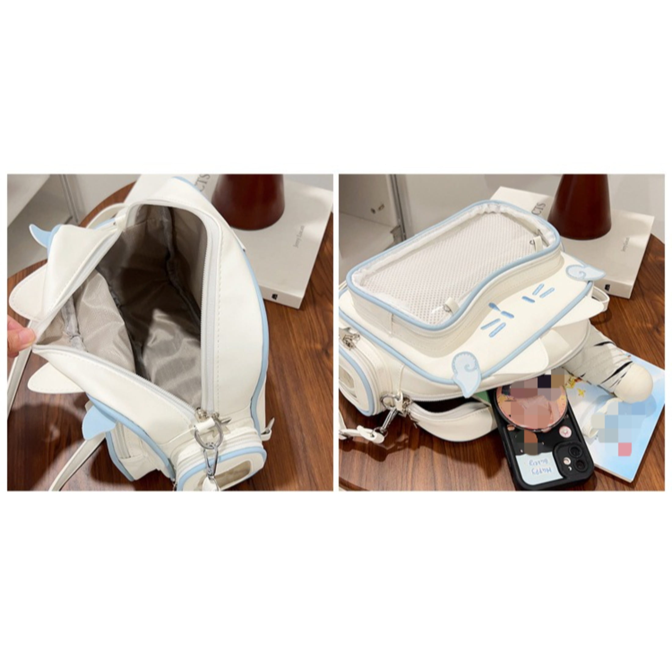 Cat Ita Bag with Clear Window - Kawaii Cat Backpack Purse, PU Leather Pin Display Bag, Adjustable Crossbody Bag for Cosplay, Christmas Halloween Gift