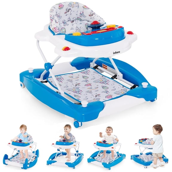 INFANS Baby Walker, 6 in 1 Behind Walker Learning Seated Rocker Bouncer with Removable Music Tray, Adjustable Height, Washable Seat Cushion, Foldable Activity Center for Toddlers