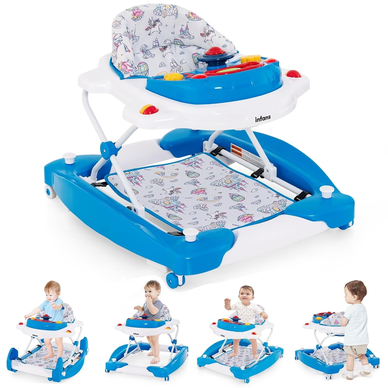 INFANS Baby Walker, 6 in 1 Behind Walker Learning Seated Rocker Bouncer with Removable Music Tray, Adjustable Height, Washable Seat Cushion, Foldable Activity Center for Toddlers