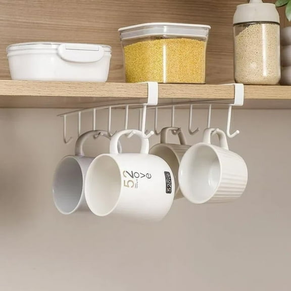 1pcs Coffee Mug Holder, Under-Shelf Mug Rack with 6 Hooks, Cup Organizer for Kitchen Cabinets, White