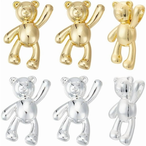 12 colgantes de oso de peluche de latón dorado y plateado con forma de oso de peluche, adorno colgante de animal de la suerte kawaii.
