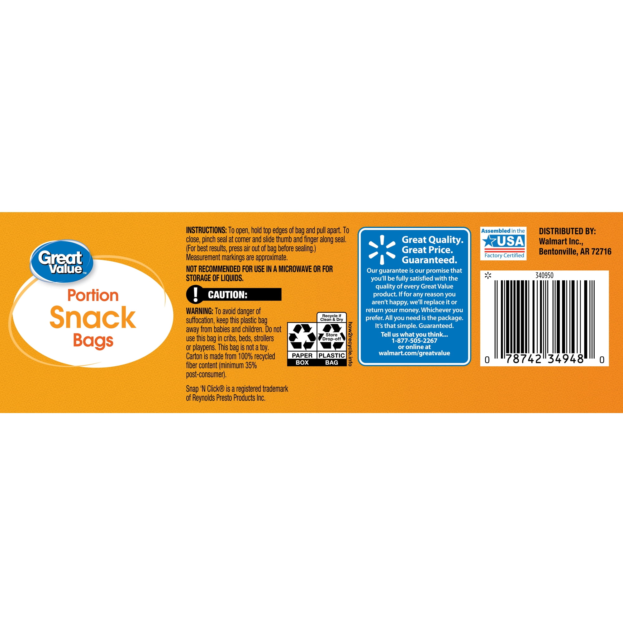 Great Value Zipper Square Snack 100 Bags