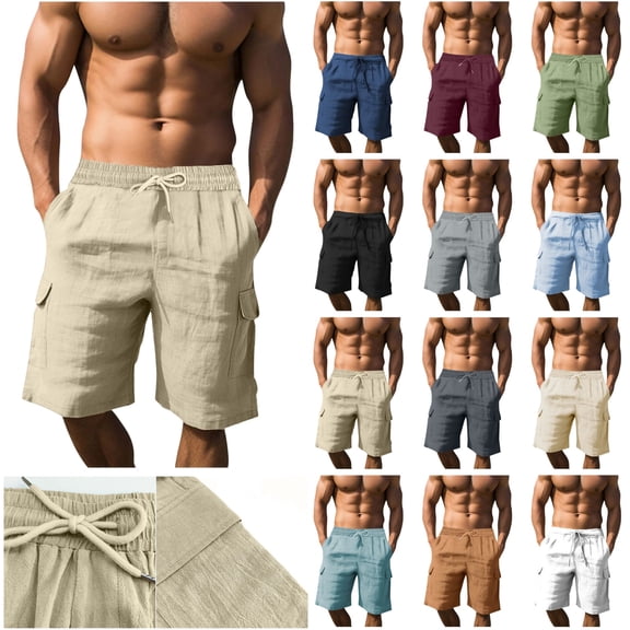 BiZtdJrK Summer Wide Leg Linen Beach Shorts for Men Casual Drawstring Elastic Waist Cargo Shorts with Pockets Lightweight Vacation Outfits Black M