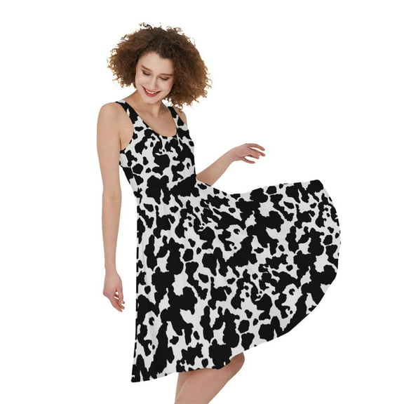 Black And White Cow Pattern Print Sleeveless Knee Length Dress, Farmer Gifts Fashion Summer Maxi Dress For Women.