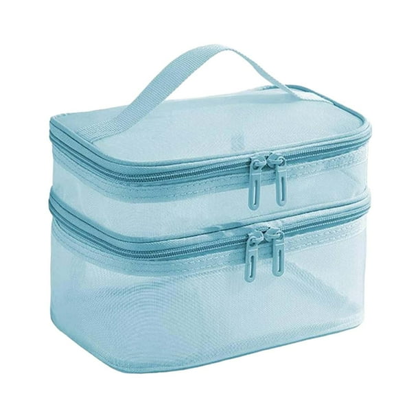 Bolsa de cosméticos de doble capa, estuche organizador de maquillaje portátil para accesorios y joyas Azul