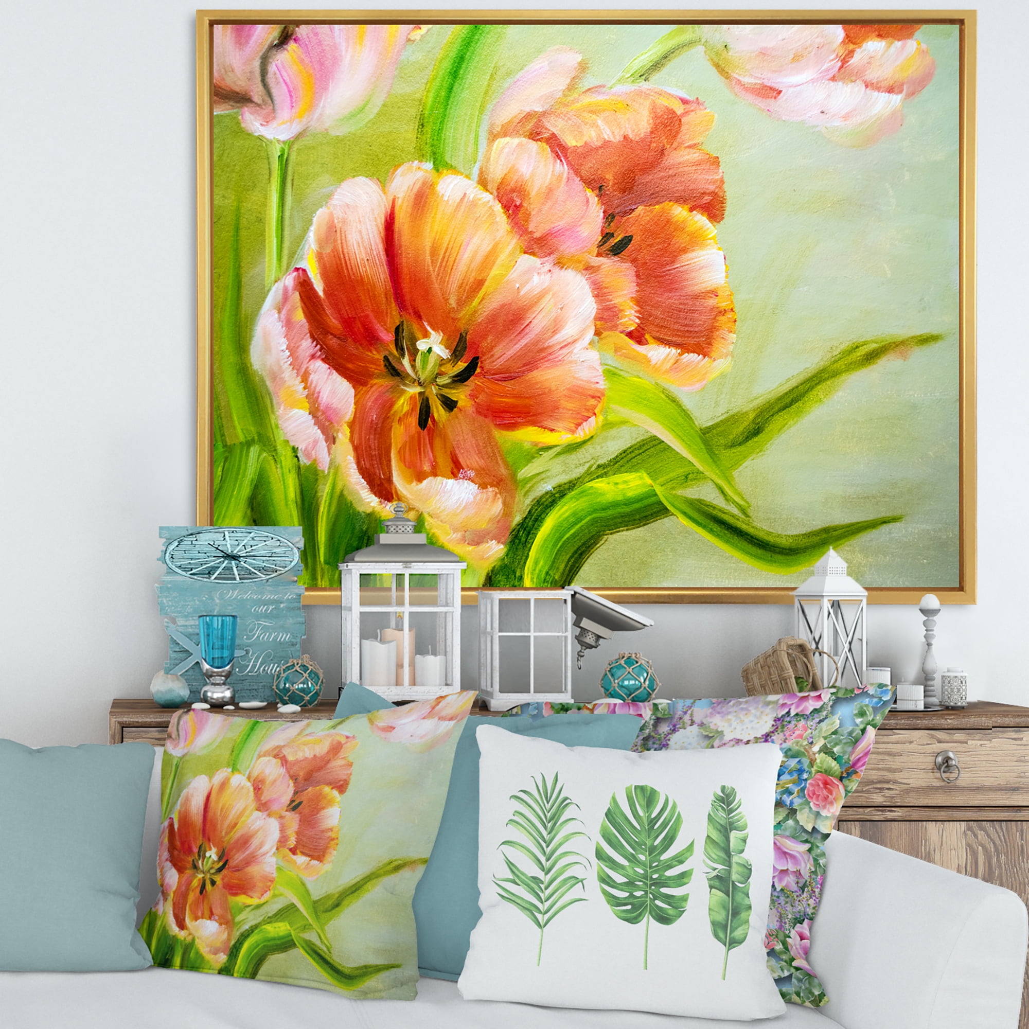Designart 'Ancient Red Tulips Flowers II' Traditional Framed Canvas Wall Art Print