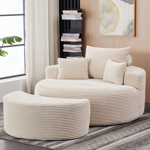 ENYLAY Oversized Round Sleeper Sofa, Corduroy Chaise Lounge with Ottoman & Pillows, No Assembly Required, Comfy Circle Couch for Living Room Bedroom (Beige)