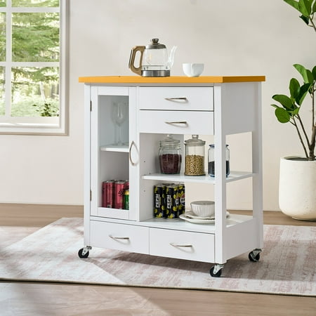 Kitchen Islands Kitchen Island Cart with walnut wood Top Rolling Storage Cabinet on Wheels with Drawers Sideboard Buffet with Towel Bar White Kitchen Carts