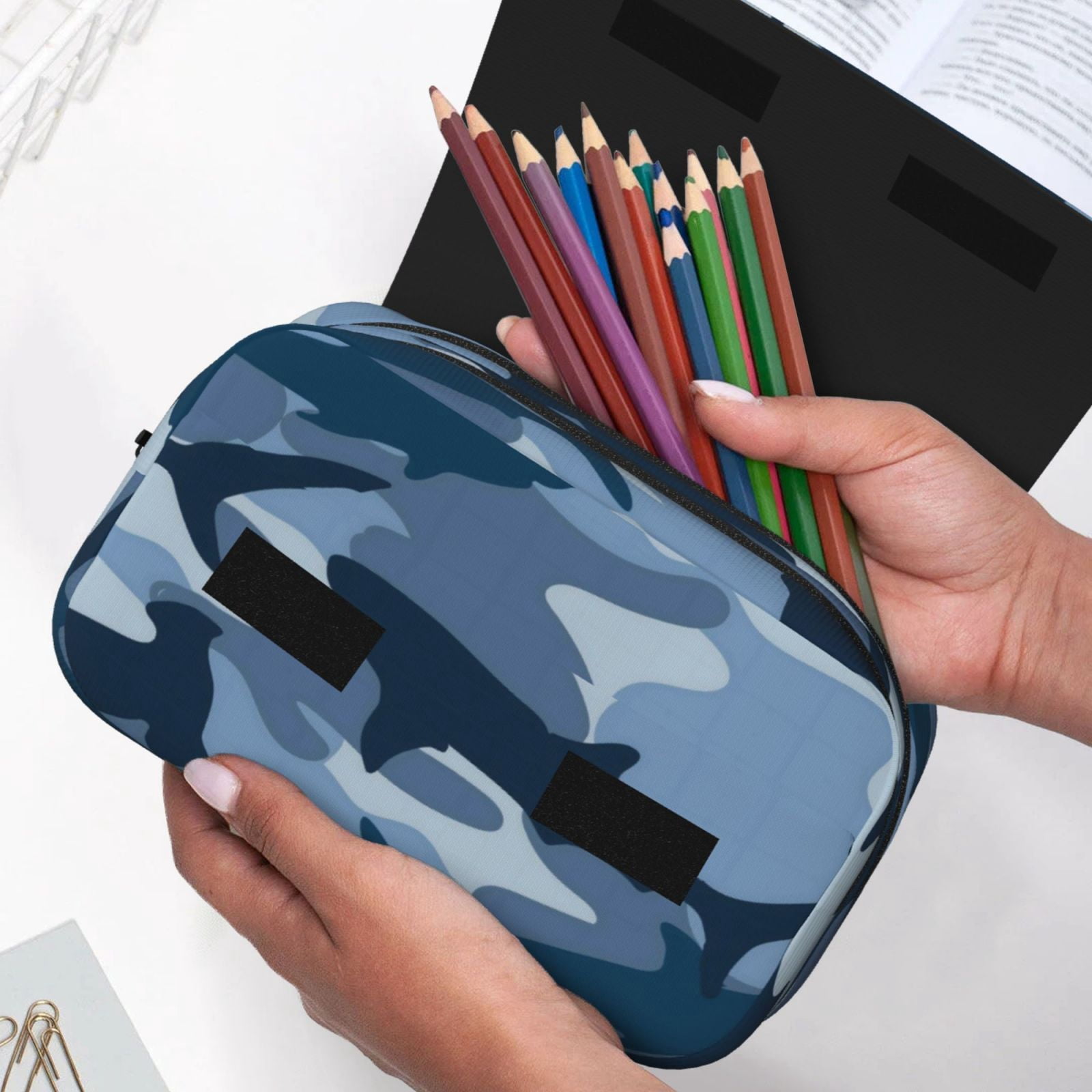 Large-Capacity Flip-Top Double-Layer Pencil Case, Multi-Functional Pocket Pen Case, Durable Stationery Organizer Camouflage-Patterned Shark