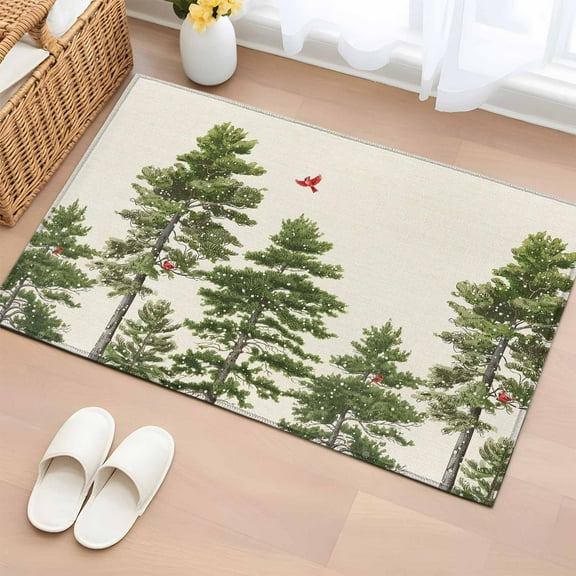 Christmas Bathroom Rug Washable 2x3 Entryway Rug Non Slip Winter Cardinal Pine Tree Light Beige Front Door Mat Low Pile Indoor Doormat Throw Floor Carpet for Kitchen Bedroom Entrance