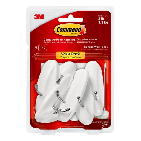 Command Wire Hooks Value Pack, Medium, White, 7 Hooks, 12 Strips/Pack