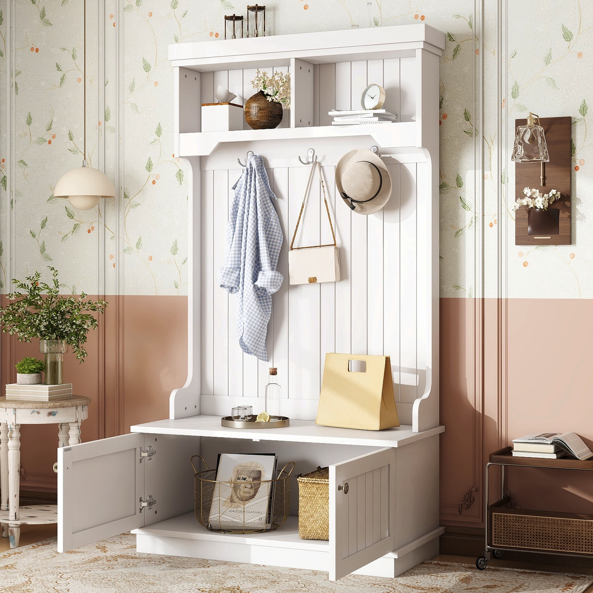Mintazer 4‑in‑1 Hall Tree with Hooks & Storage Bench, Multifunctional Entryway Coat Rack with Upper Open Shelves & Lower Cabinet for Living Room Mudroom Bedroom, White
