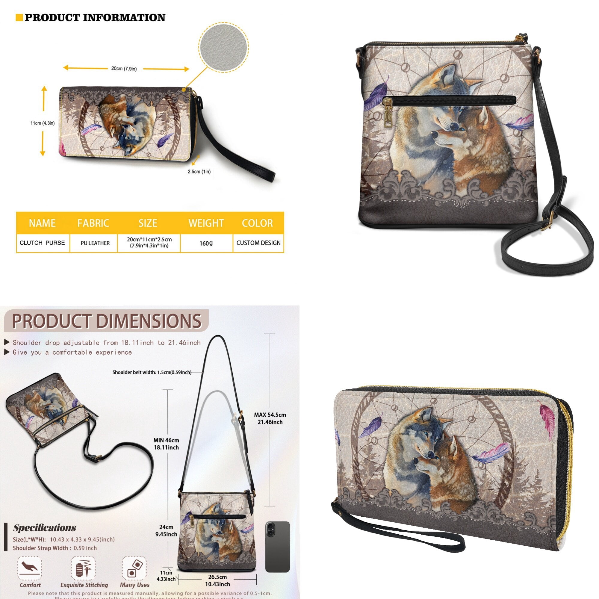 LedBack Wolf Couple Crossbody Messenger Purse Set Dreamcatcher Leather Hobo Bag Satchel Handbag Shoulder Purse PU Wallet for Women Lady, Beige