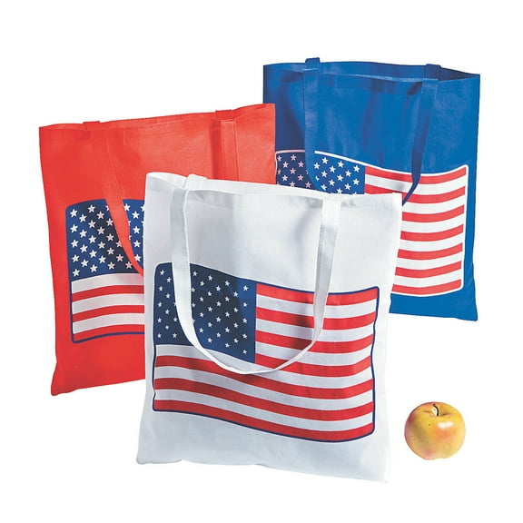 Large Non-Woven Patriotic Flag Tote Bag - Favor Bagss - 12 Pieces