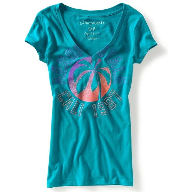Aeropostale - Camiseta gráfica para mujer con cuello en V brillante Aero Ny 87, verde, XS