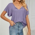thumbnail image 6 of JGGSPWM Women's Relaxed Lovely Short Sleeve V Neck Solid Blouses Ruffle Sleeve Drawsting Hollow Lace Basic Summer Tops Purple L, 6 of 8