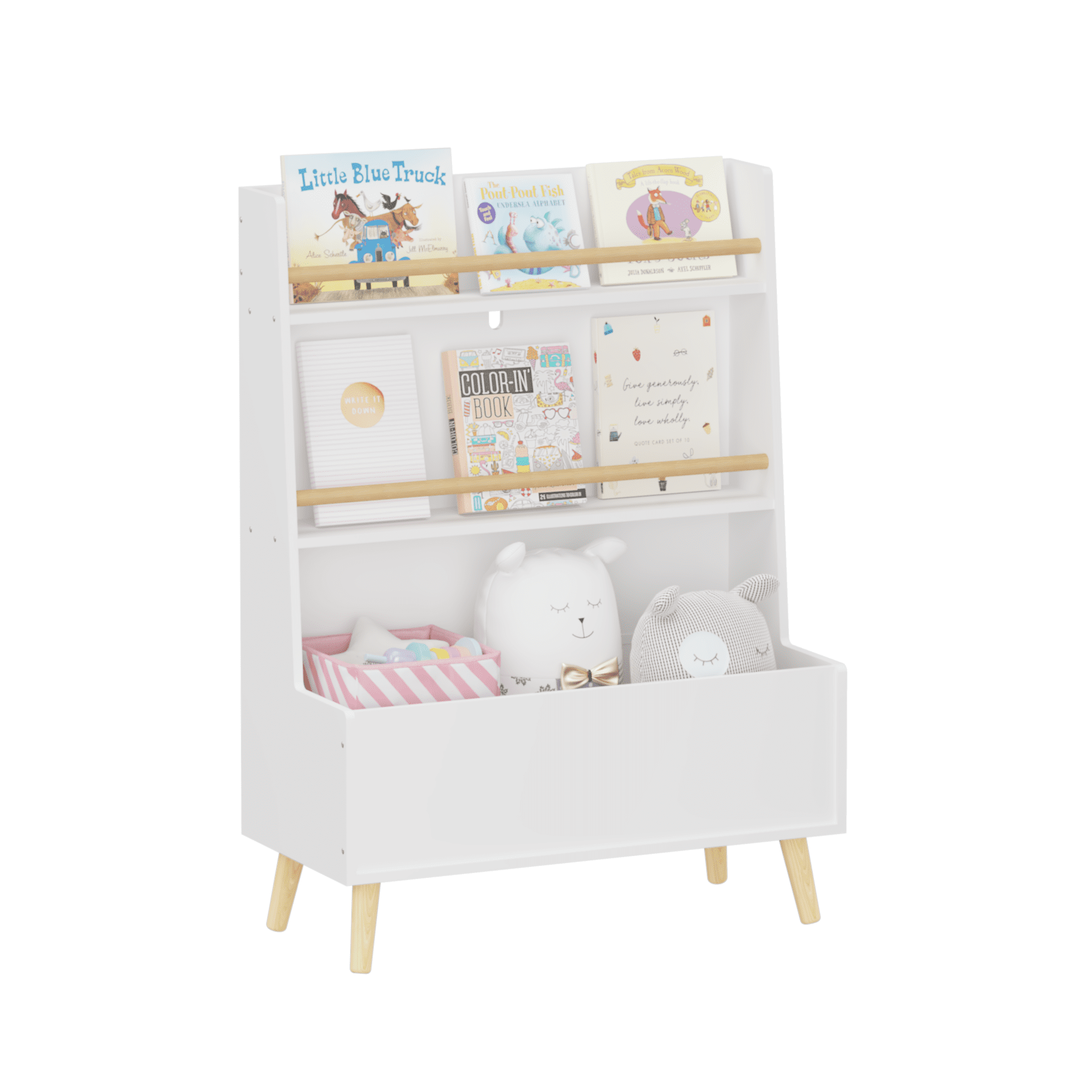 White Kids Bookshelf with Toy Storage, 2-Tier Book Organizer & Magazine Rack 26.77"W x 12.6"D x 36.61"H