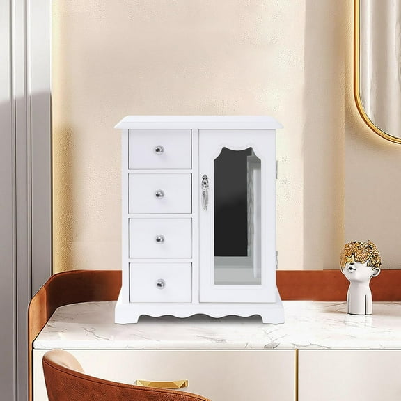 Jewelry Organizer with 4 Drawers, Simple White Jewelry Box,Double Door Design, Fashionable MDF Jewelry Box for Home Use, Built-in Necklace Carousel and Large Mirror, White 9*5*11.2in