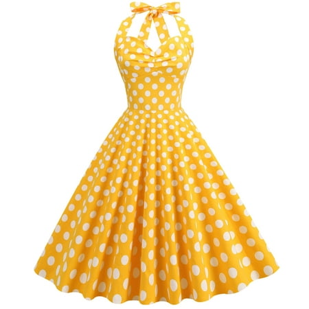 

Hfyihgf Women s Vintage Polka Dot Halter Dress 1950s Polka Dot Retro Rockabilly Cocktail Homecoming Prom Party Swing Tea Dresses(Yellow L)