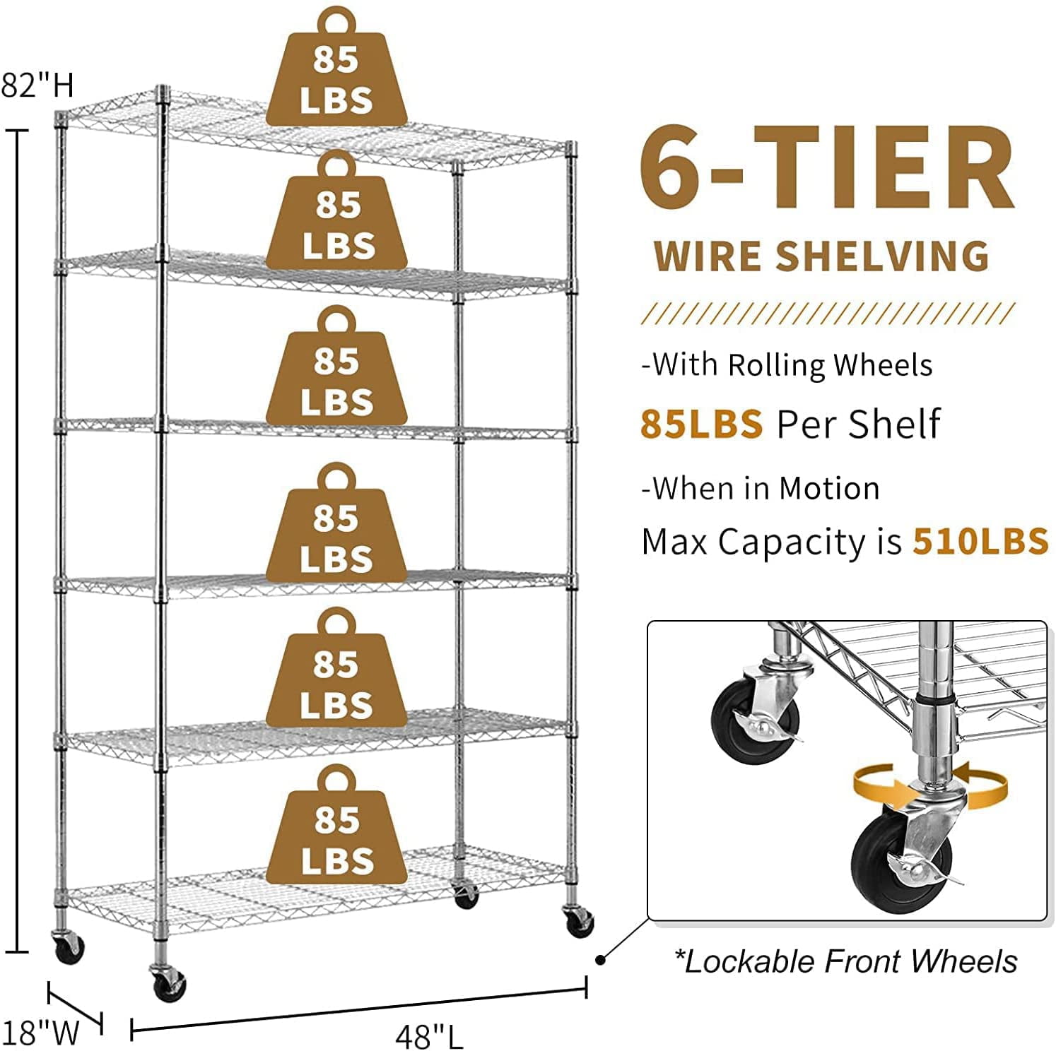6-Tier Wire Shelving Unit 2100Lb Capacity Adjustable Storage Shelves Heavy Duty Storage Rack with Wheels NSF Metal Shelf for Closet Kitchen Garage Basement, 48" L x 18" W x 82" H, Chrome