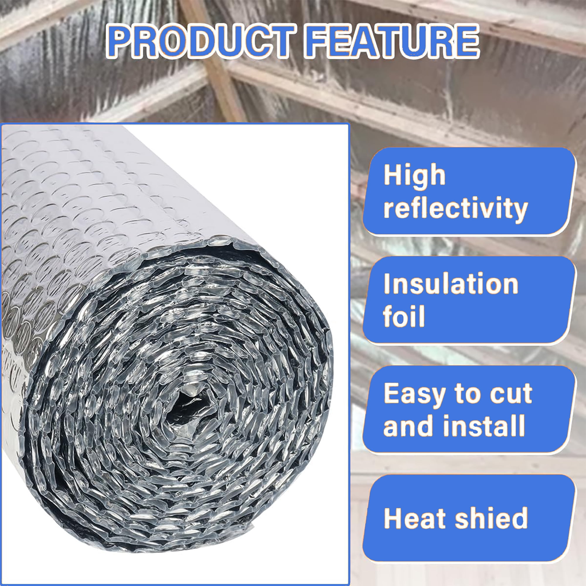 Ymokee 65.6' x 4' Bubble Reflective Insulation Roll, Aluminum Foil Radiant Barrier, 258 Sqft Thermal Insulating Foam for Roofs, Attics, Windows, and RVs