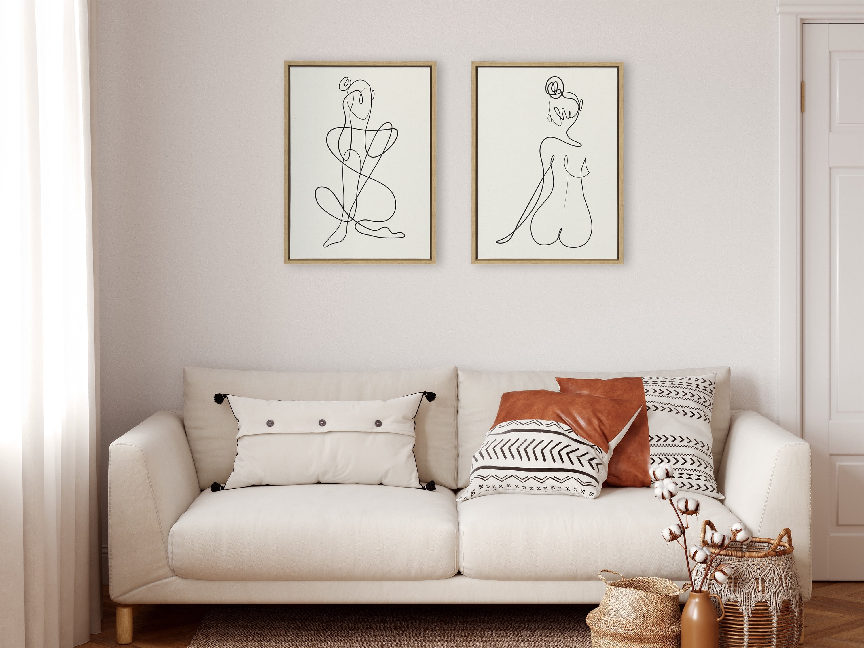 Sylvie Thinking of You Line Art and Sitting Beauty 18 in x 24 in Framed Painting Canvas Art Prints, by Kate and Laurel Set of 2