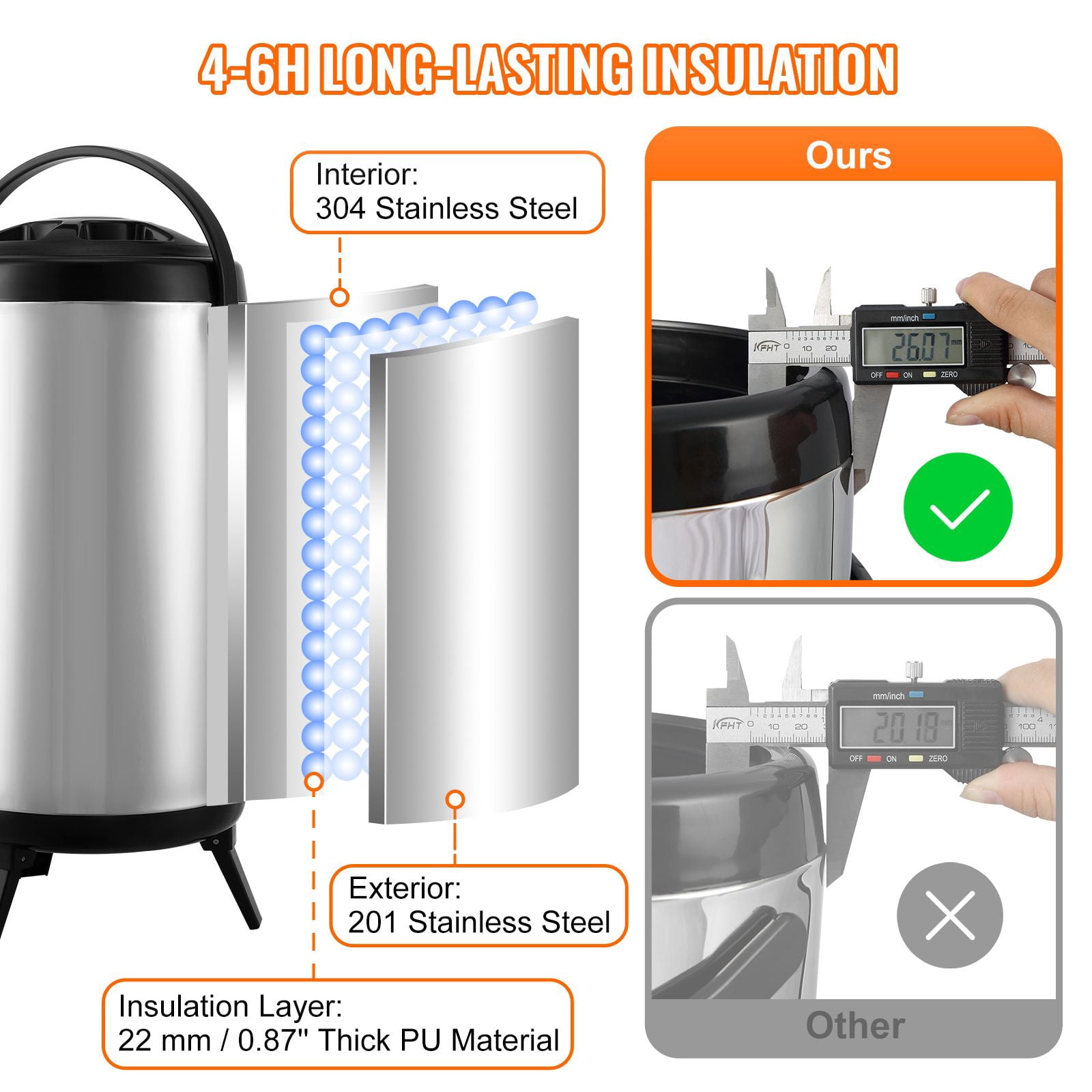 2.4 Gallon Insulated Beverage Dispenser with 304 Stainless Steel Interior, 0.87" PU Foam, 4-6Hr Insulation, Drip-Free Spigot for Cafes