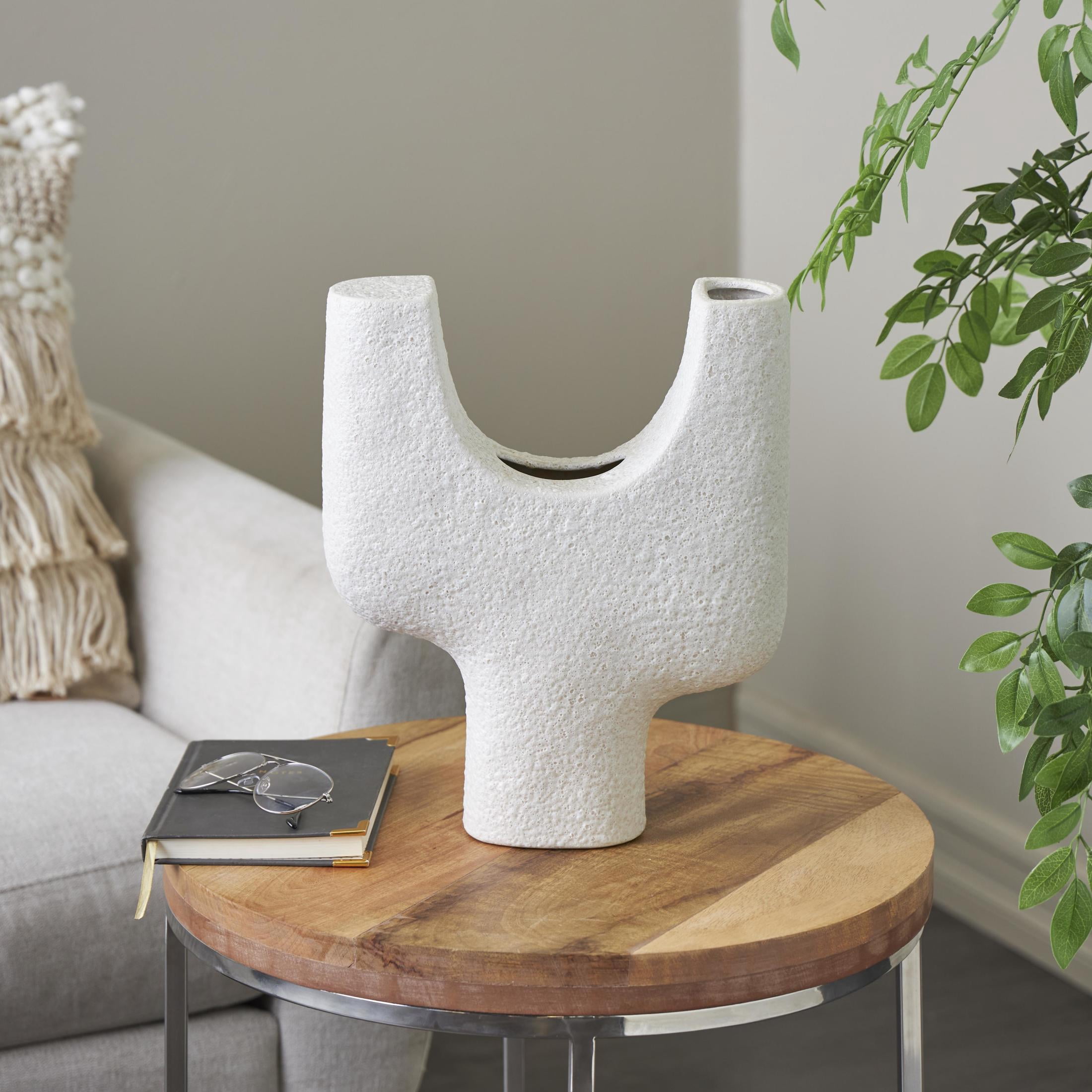 DecMode 14" Abstract Dual Opening U-Shaped White Ceramic Vase with Glossy Speckled Texture