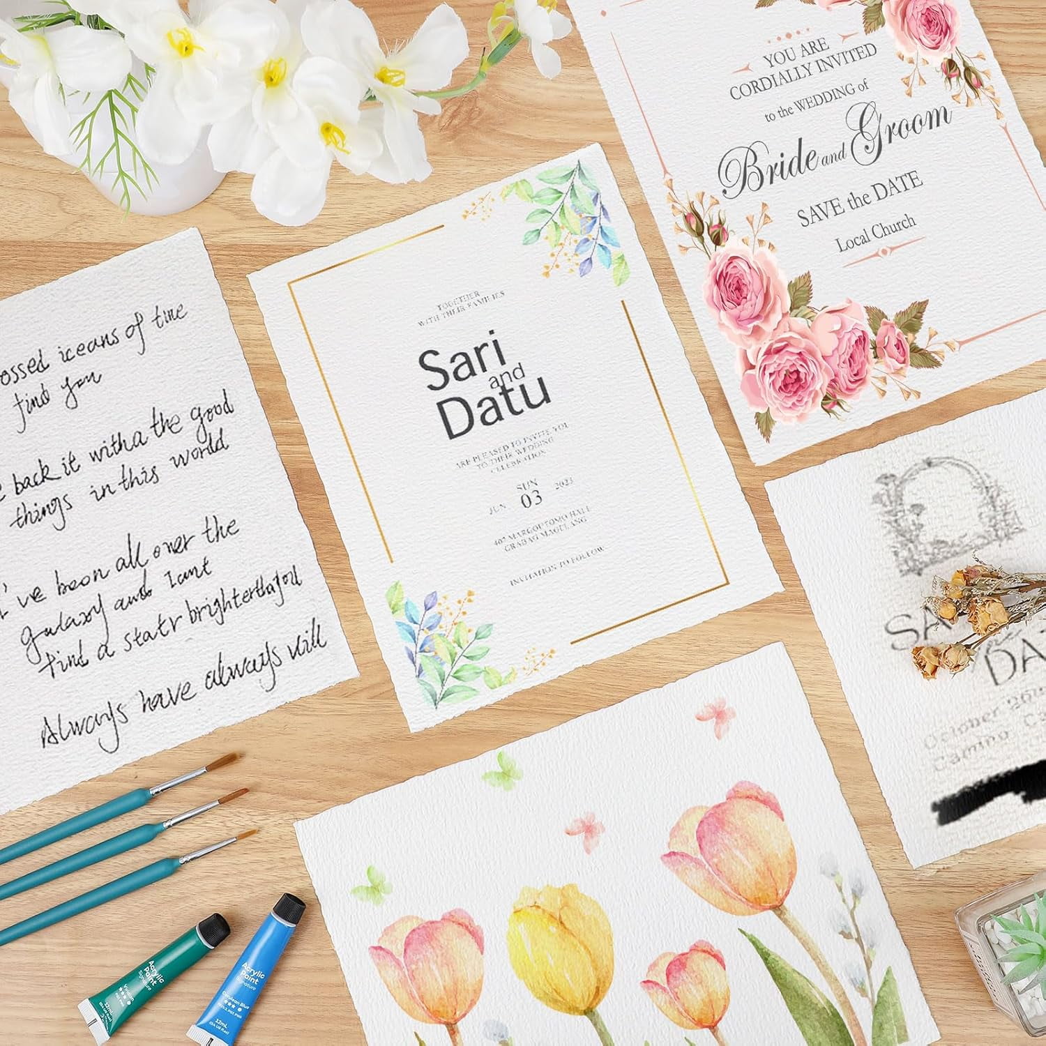 50 Sheets Watercolor Paper 8.5 x 11, 300 GSM Deckled Edge Paper Rough/Textured Handmade Paper Cotton Paper for Watercolors, Wedding Invitations, Cards, Crafts