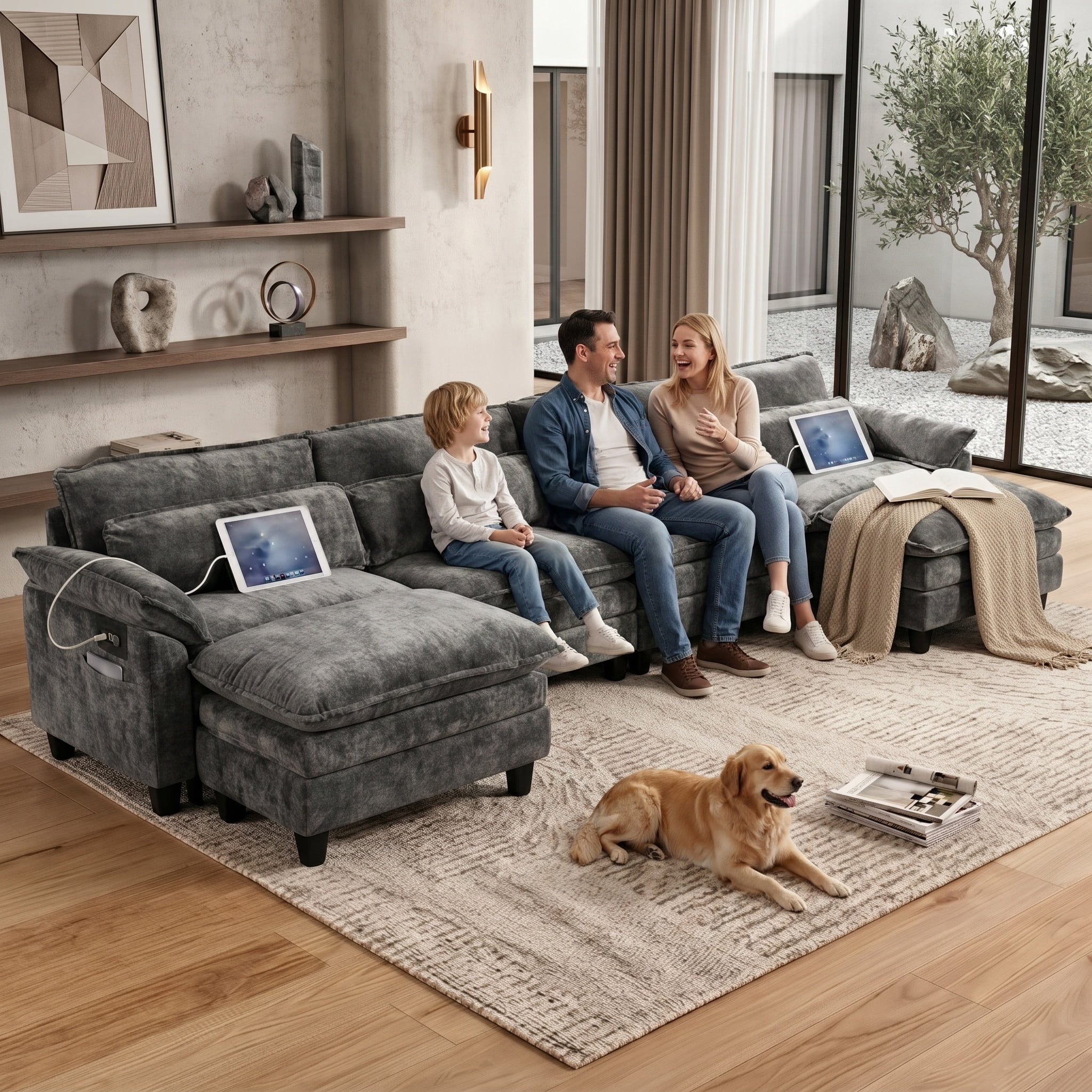 Howcool Cloud Couch Modular Sectional Sofa 4 Seat 148" U Shaped Convertible Couch Chenille Thick Cushion with Ottoman, Removable & Washable Cover for Living Room, Grey