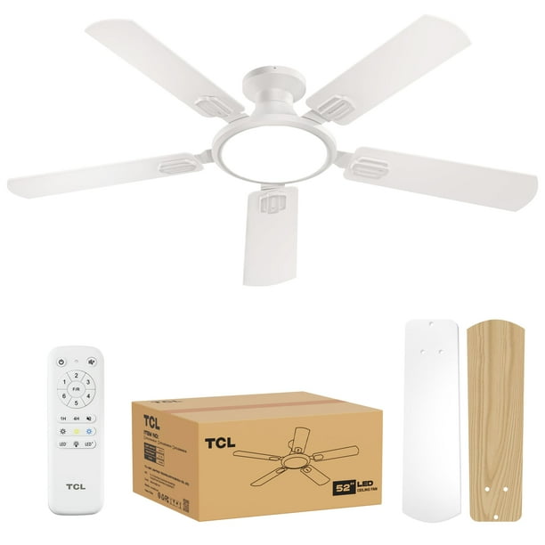 Ventilador de techo TCL de 52 pulgadas, luz LED blanca delgada, 6 velocidades, control remoto