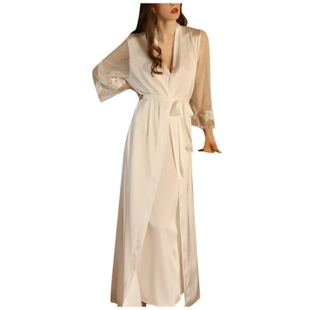

Qufokar Pajamas for Women Plus Size Housecoats for Women Women Fashion Lace Long Sleeve Ice Silk Length Bathrobe Bridesmaid Nightgown Bathrobe Sleepwear