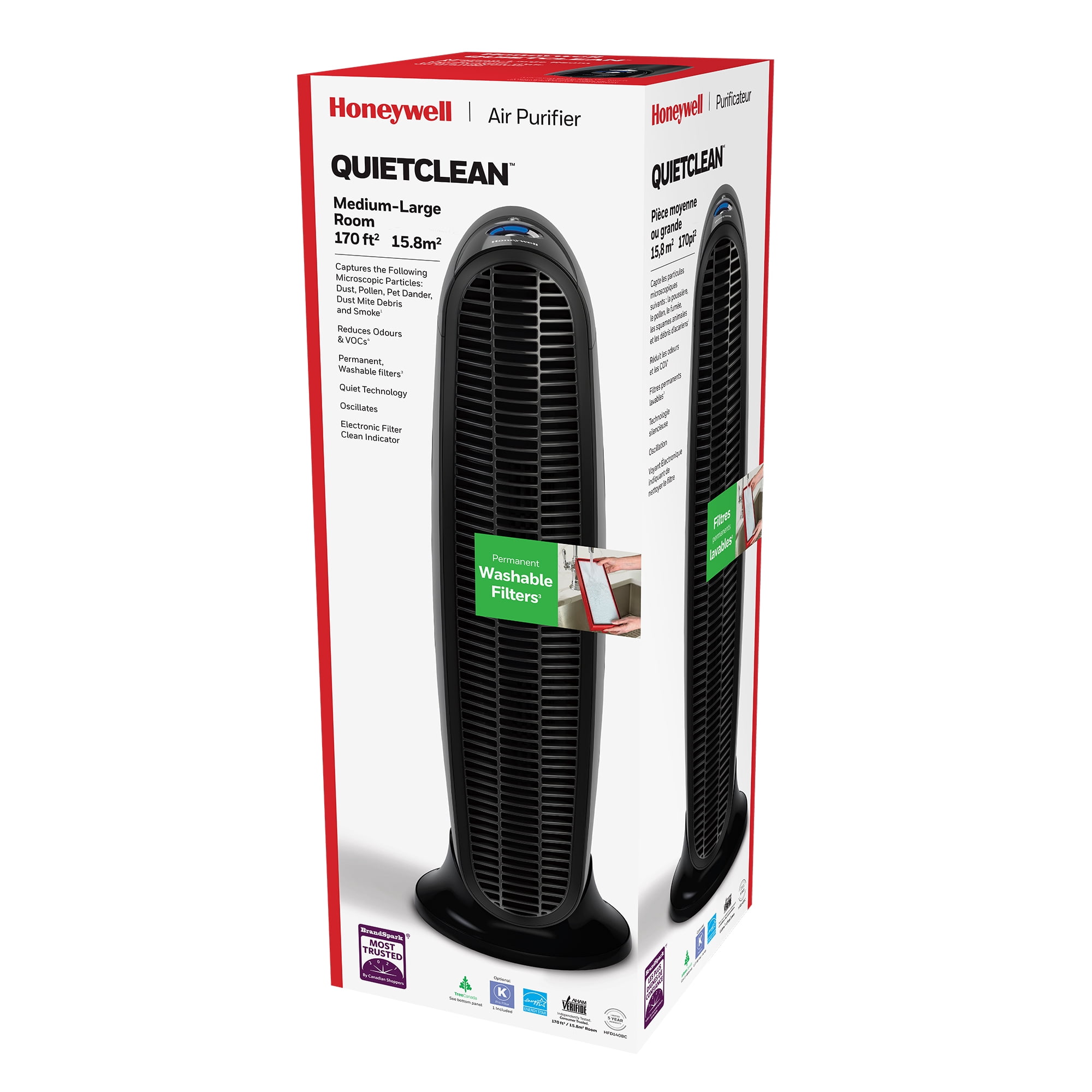Honeywell QuietClean Air Purifier for Home, 825 Sq ft, Permanent Washable Filter, Smoke, Pollen, Dust Reducer