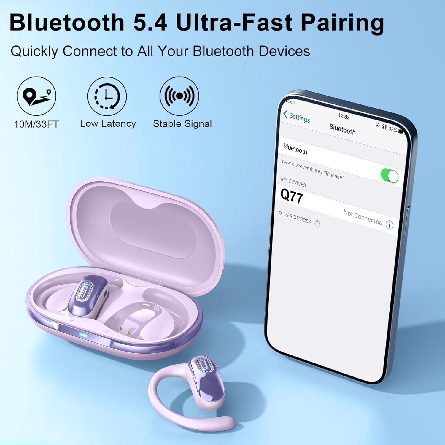 Open Ear Headphones, Bluetooth 5.4 Earbuds, 50H, Air Conduction Ear buds, HD Stereo Bass Over Ear Earphones with Earhooks, Ultra-Comfort Secure Fit, Waterproof Headset for Working Sports, Dark Purple